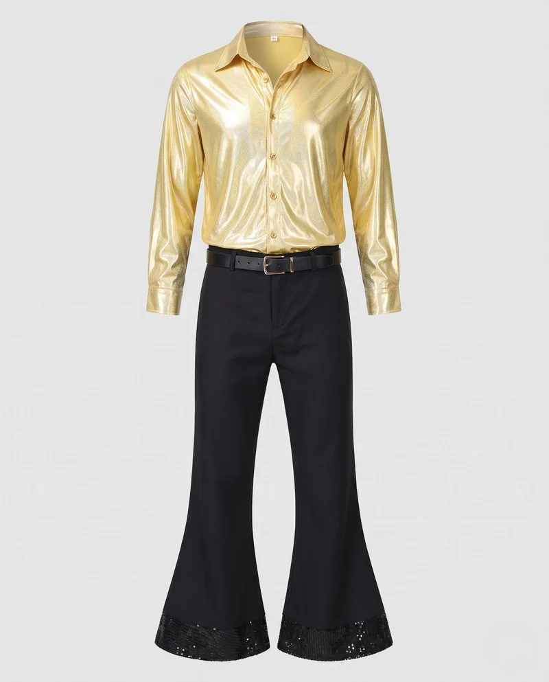 Herren Disco Outfit mit glänzender Bluse und weiten Hosen Nord Taschen