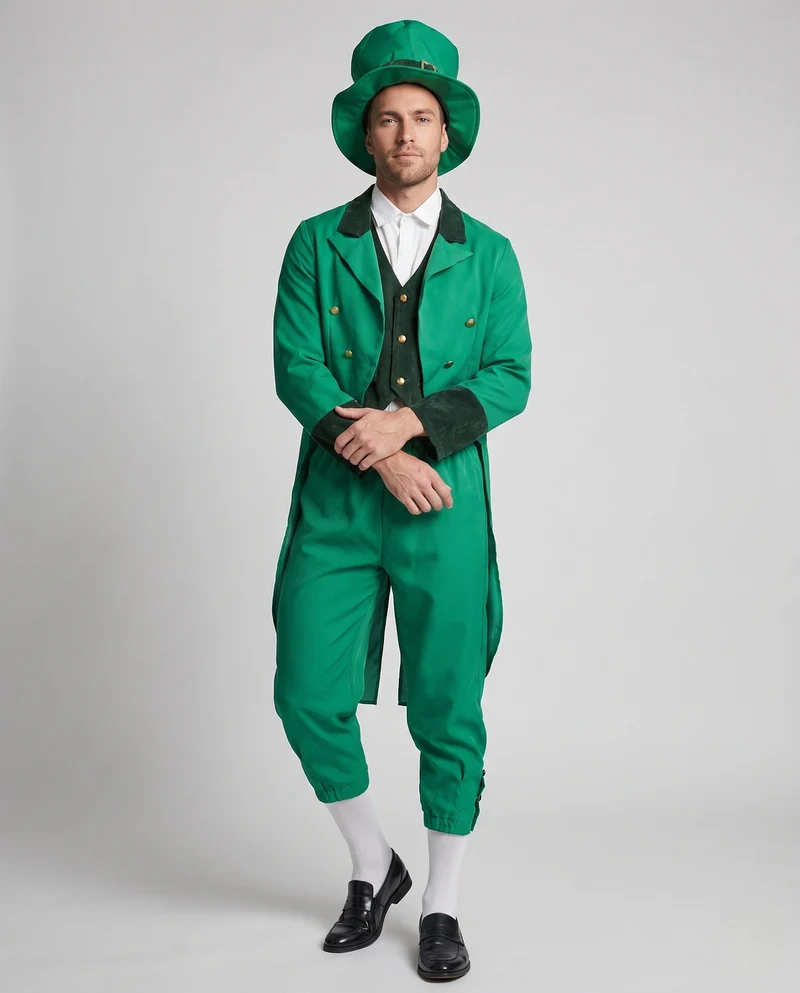 Herren elegantes Leprechaun-Kostüm mit fröhlichem Hut und detaillierter nord-taschen-Jacke Nord Taschen
