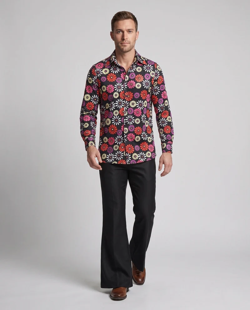 Herren Hippie Hemd mit buntem Blumenmuster und lockerer Passform Nord Taschen