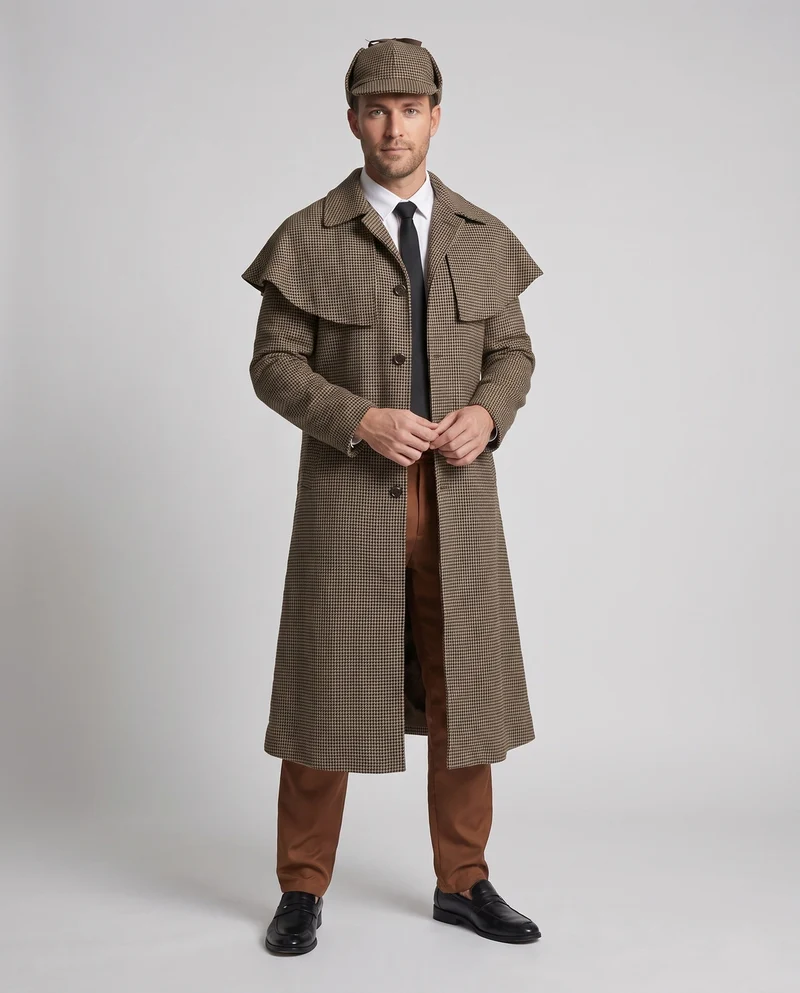 Herren Sherlock Holmes Kostüm mit kunstvoll detailliertem Sherlock Hut und legendärem Mantel Nord Taschen