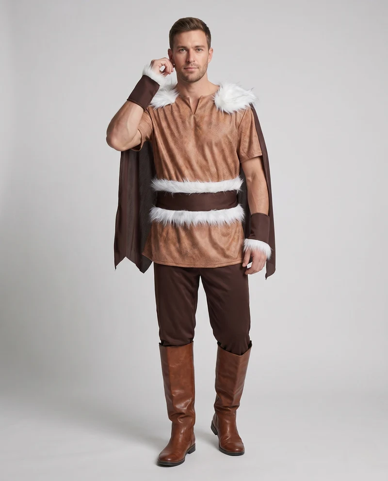 Männer Viking Kostüm mit Kapuze und Fellverzierung Nord Taschen