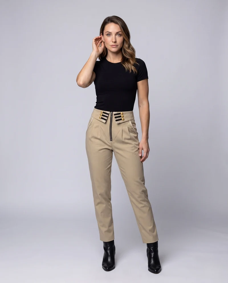 Damen elegante Anzughose mit dekorativer Knopfleiste und hoher Taille Nord Taschen