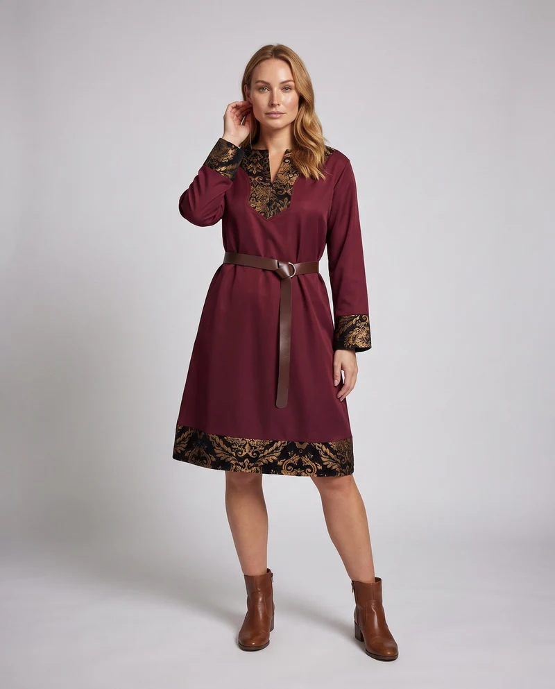 Frauen elegantes Langarmkleid mit künstlerischer Verzierungen und passendem Gürtel Nord Taschen