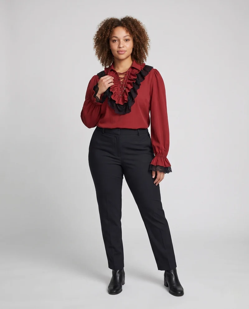 Damen Elegantes Rüschenshirt mit Spitzenbesatz und Schnürung Nord Taschen