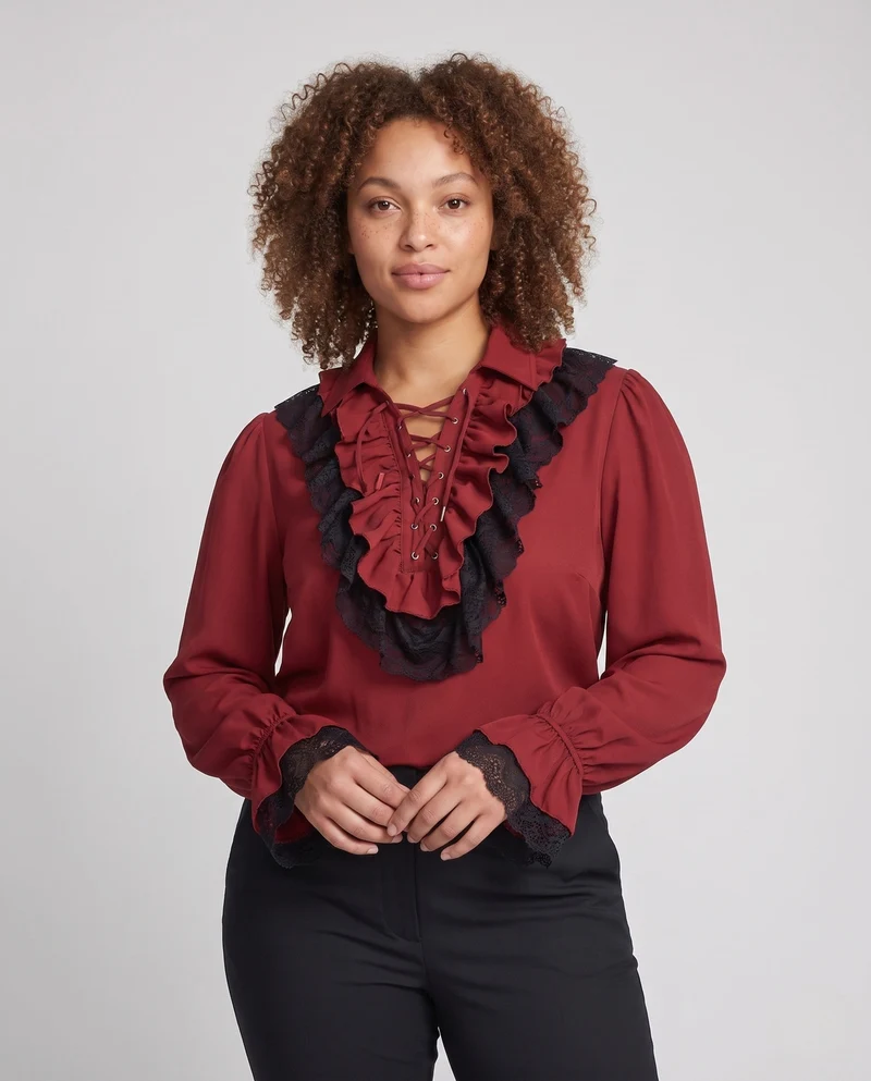 Damen Elegantes Rüschenshirt mit Spitzenbesatz und Schnürung Nord Taschen