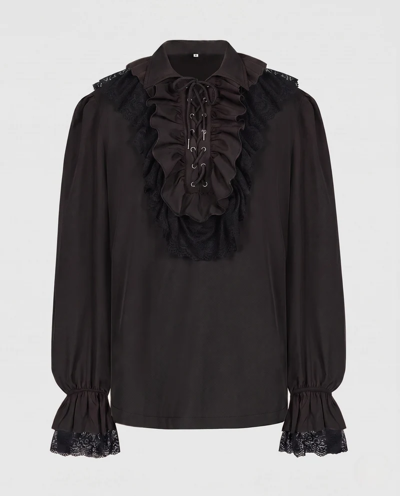 Damen Elegantes Rüschenshirt mit Spitzenbesatz und Schnürung Nord Taschen