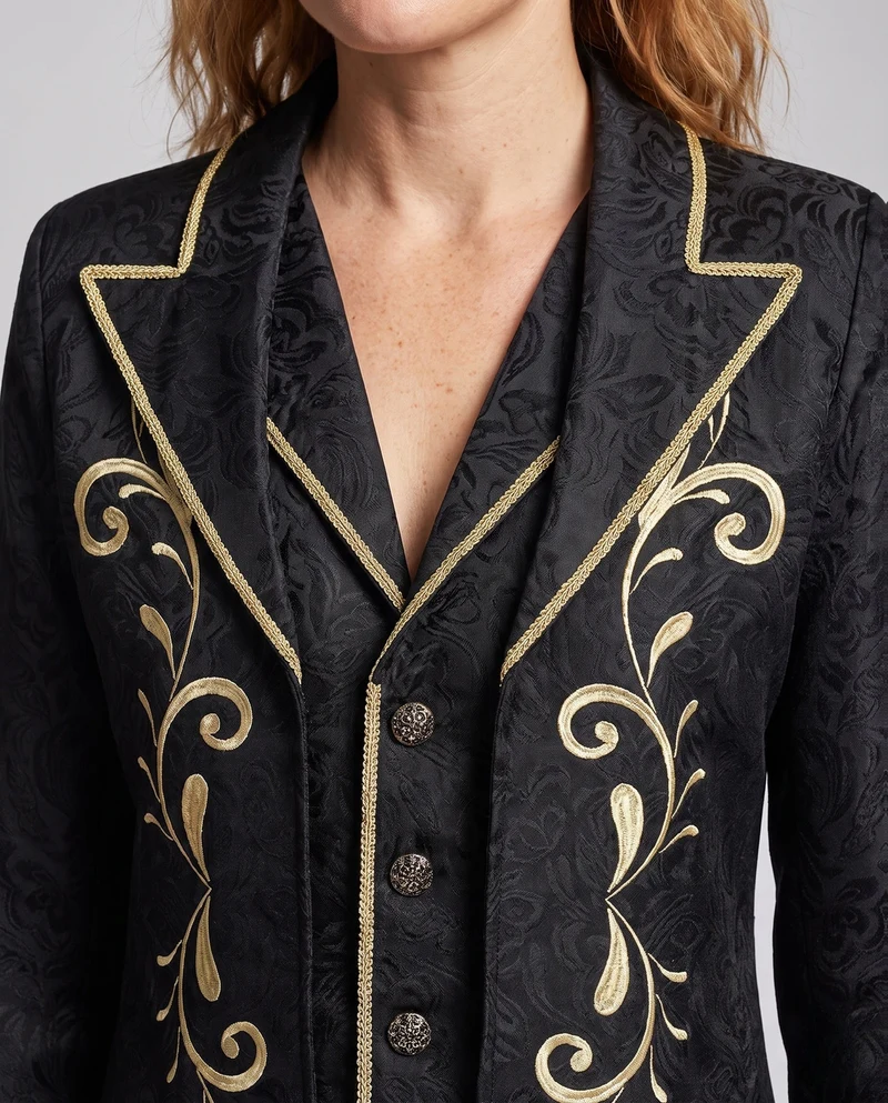 Damen eleganter Brokatmantel mit aufwendigen Verzierungen und tiefem Revers Nord Taschen