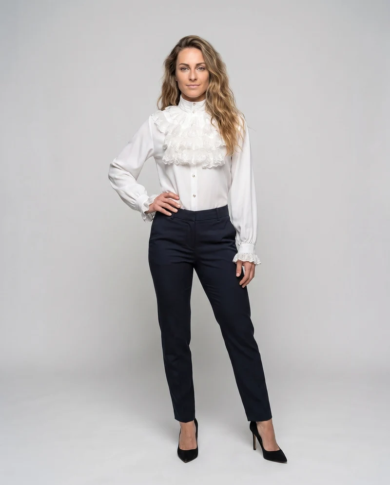 Damen elegante Rüschenshirt mit hochwertigem Stehkragen und zarten Volants Nord Taschen
