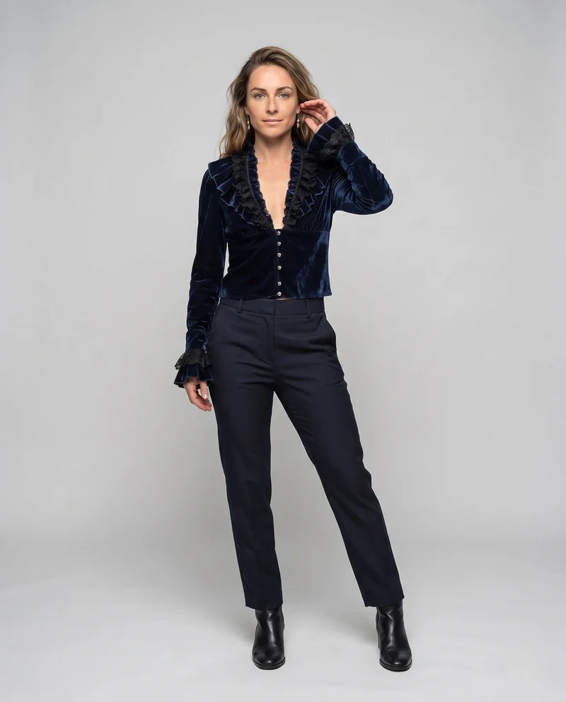 Damen elegante Samtbluse mit Spitzenrüschen und Perlenknöpfen Nord Taschen