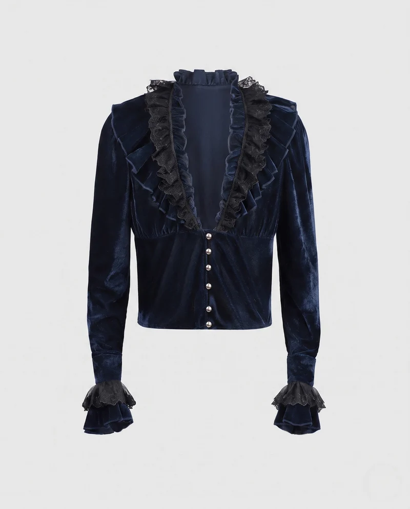 Damen elegante Samtbluse mit Spitzenrüschen und Perlenknöpfen Nord Taschen