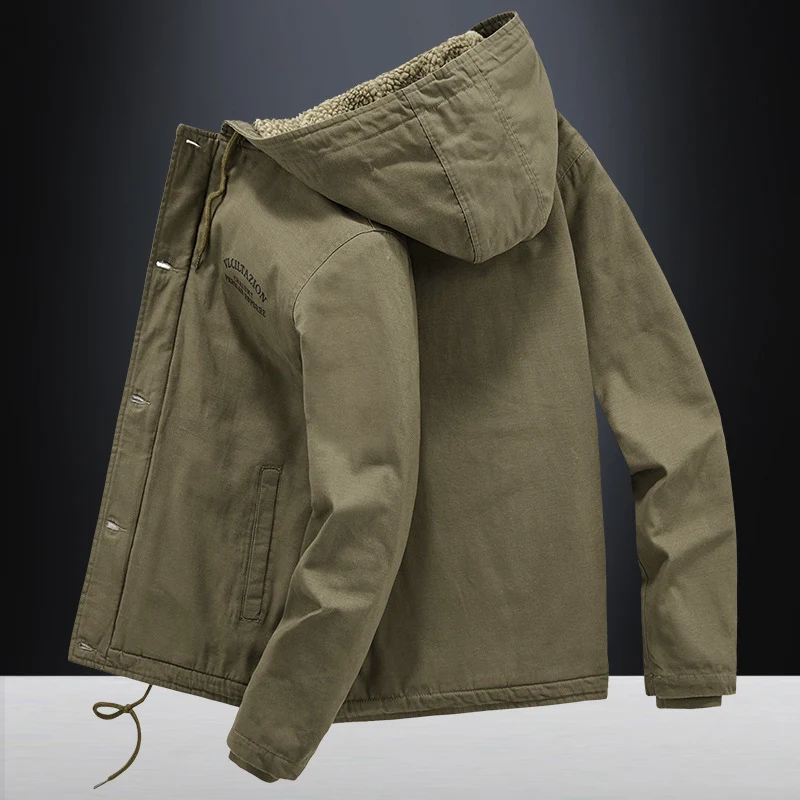Herren Canvas-Kapuzenjacke mit durchgehendem Teddyfutter, Zwei-Wege-Reißverschluss und Kordzugsaum Nord Taschen