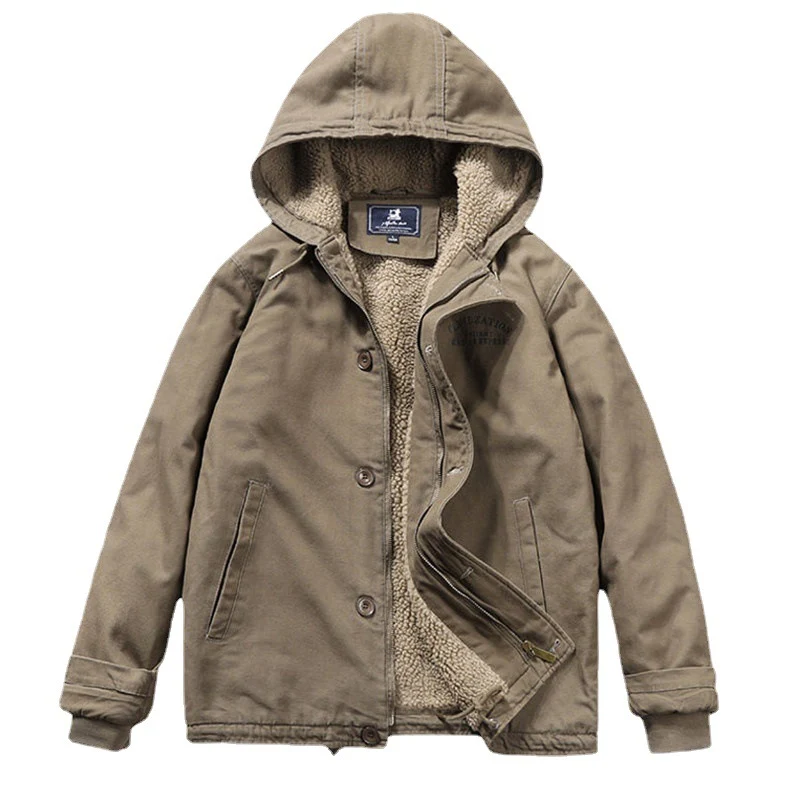 Herren Canvas‑Hoodie‑Parka mit durchgehendem Teddyfleece‑Futter und Kordelzug Nord Taschen