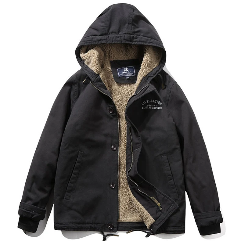 Herren Canvas‑Hoodie‑Parka mit durchgehendem Teddyfleece‑Futter und Kordelzug Nord Taschen