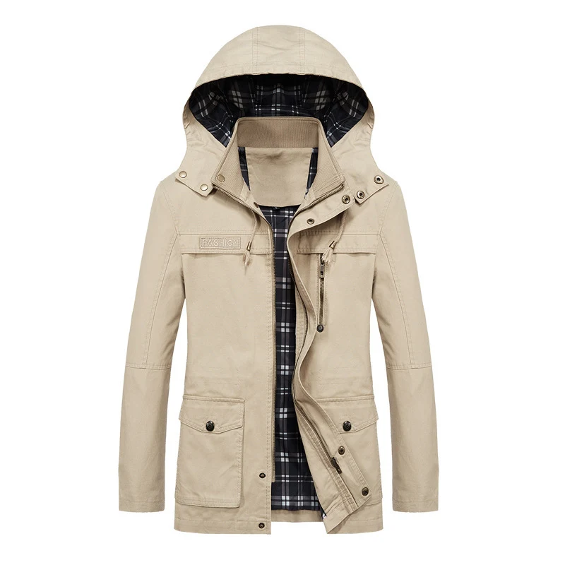 Herren Canvas-Fieldparka mit Kapuze, kariertem Innenfutter und Multifunktionstaschen Nord Taschen