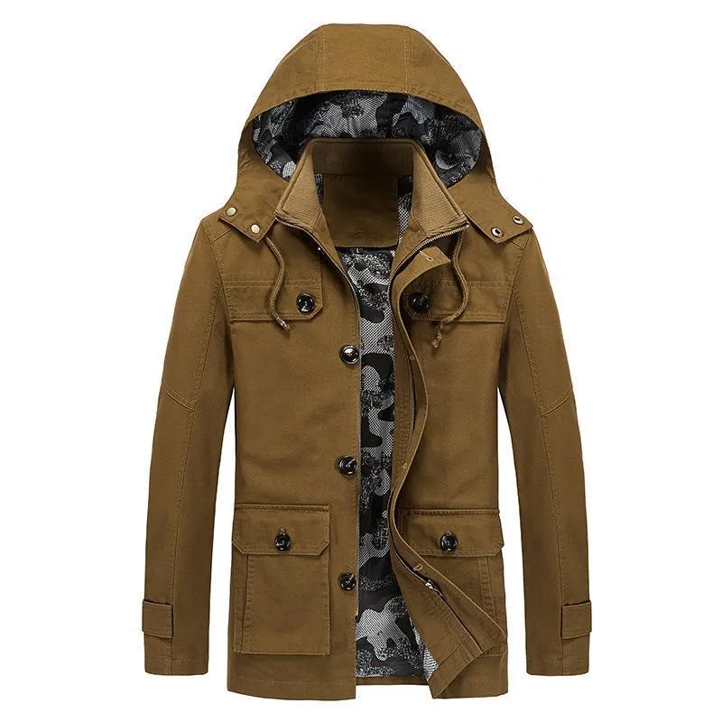 Herren Canvas-Fieldjacke mit Kapuze, multifunktionalen Taschen und Camouflage-Futter Nord Taschen