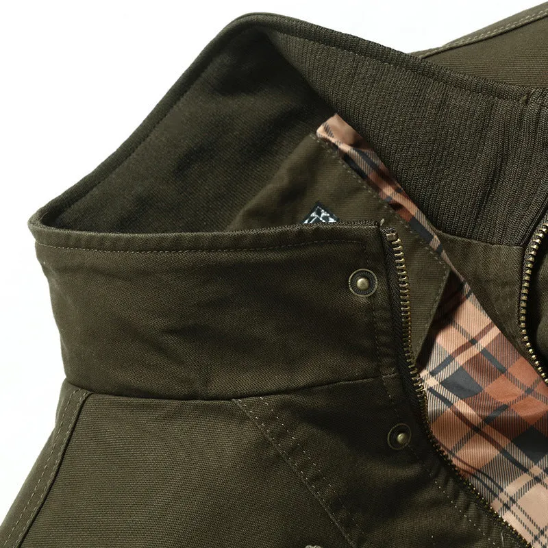 Herren Canvas-Fieldblouson im Pilotencut mit kariertem Innenfutter, Stehkragen und Rippbündchen Nord Taschen