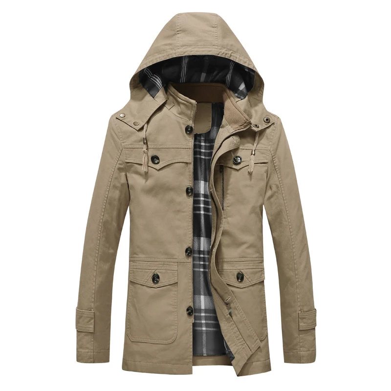 Herren Canvas-Feldparka mit karierter Innenfütterung, Kapuze und Multifunktionstaschen Nord Taschen