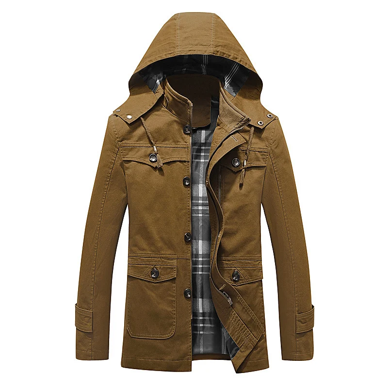Herren Canvas-Feldparka mit karierter Innenfütterung, Kapuze und Multifunktionstaschen Nord Taschen