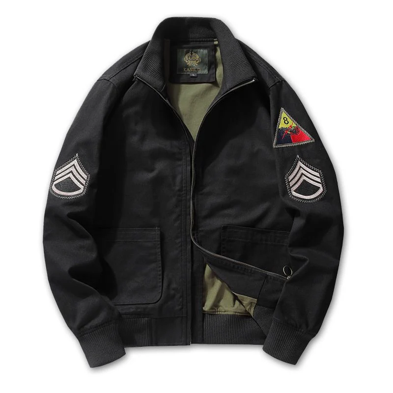 Herren Canvas‑Bomberjacke im Worker‑Blousonstil mit Abzeichen‑Patches und geripptem Kragen Nord Taschen