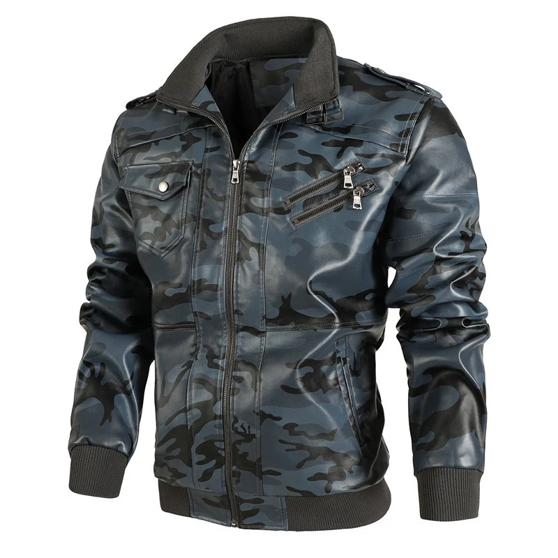 Herren Camouflage Kunstleder-Bomberjacke mit Schulterklappen, Reißverschlusstaschen und Rippsaum Nord Taschen