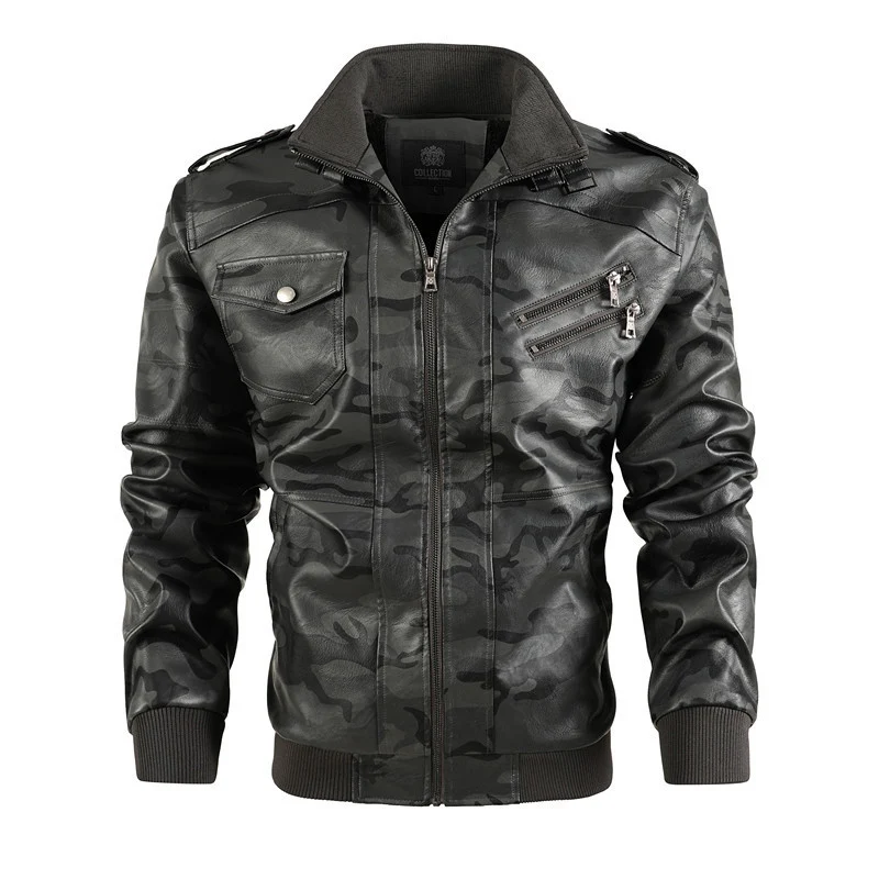 Herren Camouflage Kunstleder-Bomberjacke mit Schulterklappen, Reißverschlusstaschen und Rippsaum Nord Taschen