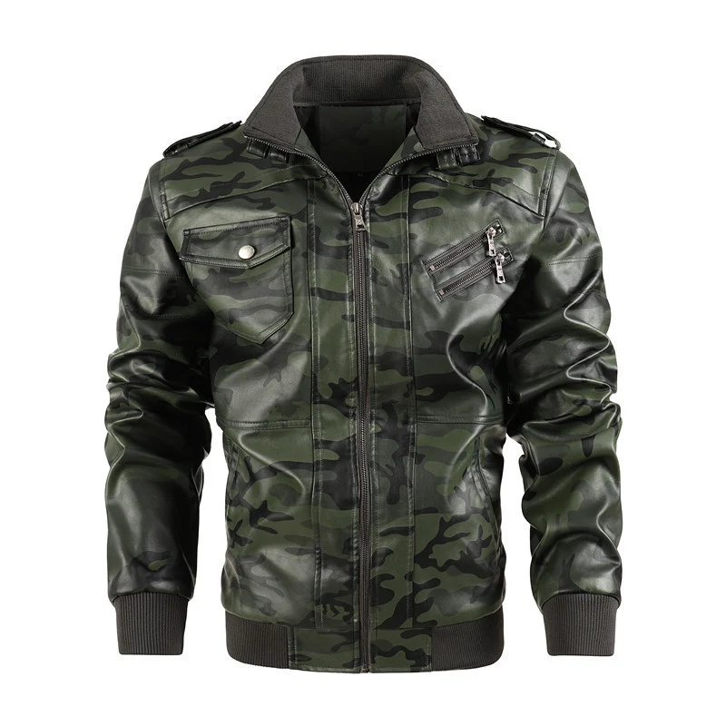Herren Camouflage Kunstleder-Bomberjacke mit Schulterklappen, Reißverschlusstaschen und Rippsaum Nord Taschen