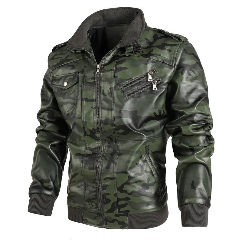 Herren Camouflage-Kunstleder-Bomberjacke im Pilotenstil mit Rippbündchen und Zipper-Taschen Nord Taschen