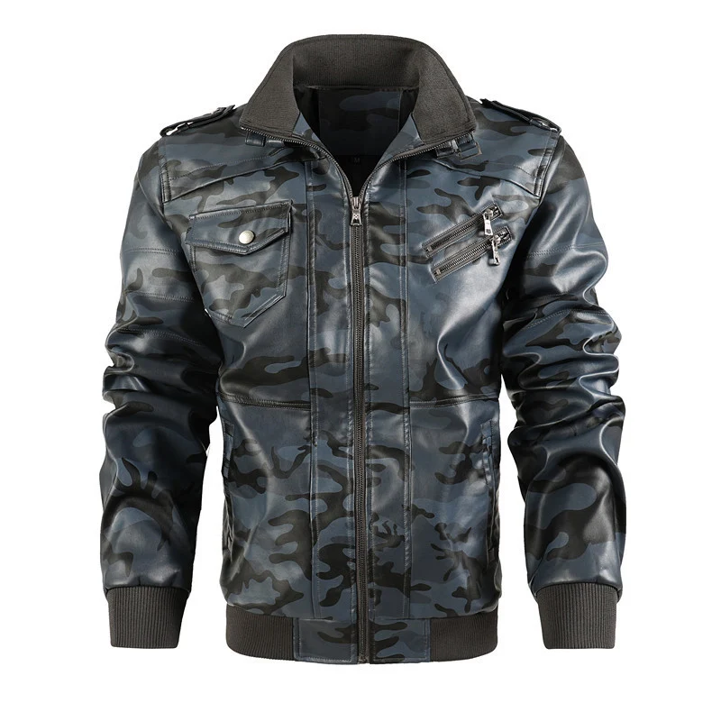Herren Camouflage-Kunstleder-Bomberjacke im Pilotenstil mit Rippbündchen und Zipper-Taschen Nord Taschen