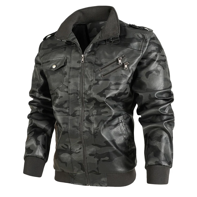 Herren Camouflage-Kunstleder-Bomberjacke im Pilotenstil mit Rippbündchen und Zipper-Taschen Nord Taschen