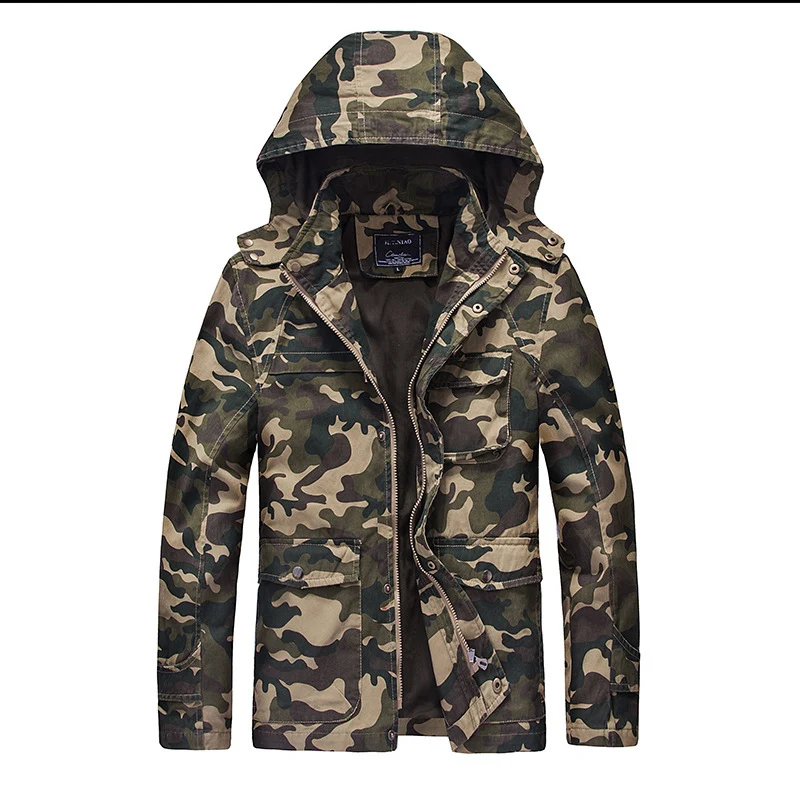 Herren Camouflage Fieldjacke mit Kapuze, Multifunktionalen Außentaschen und Kordzug-Taille Nord Taschen