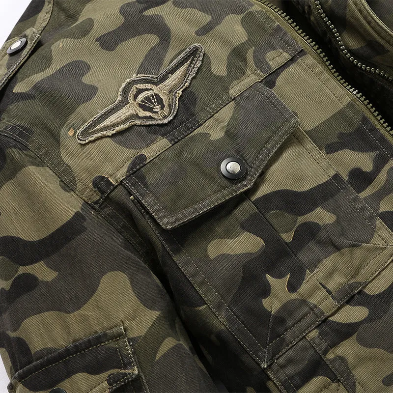 Herren Camouflage-Fieldjacke aus robustem Canvas mit Epauletten, Mehrfach‑Taschen und Stehkragen Nord Taschen