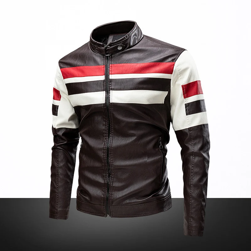 Herren Bikerjacke aus Kunstleder mit kontrastierenden Streifen und Stehkragen Nord Taschen