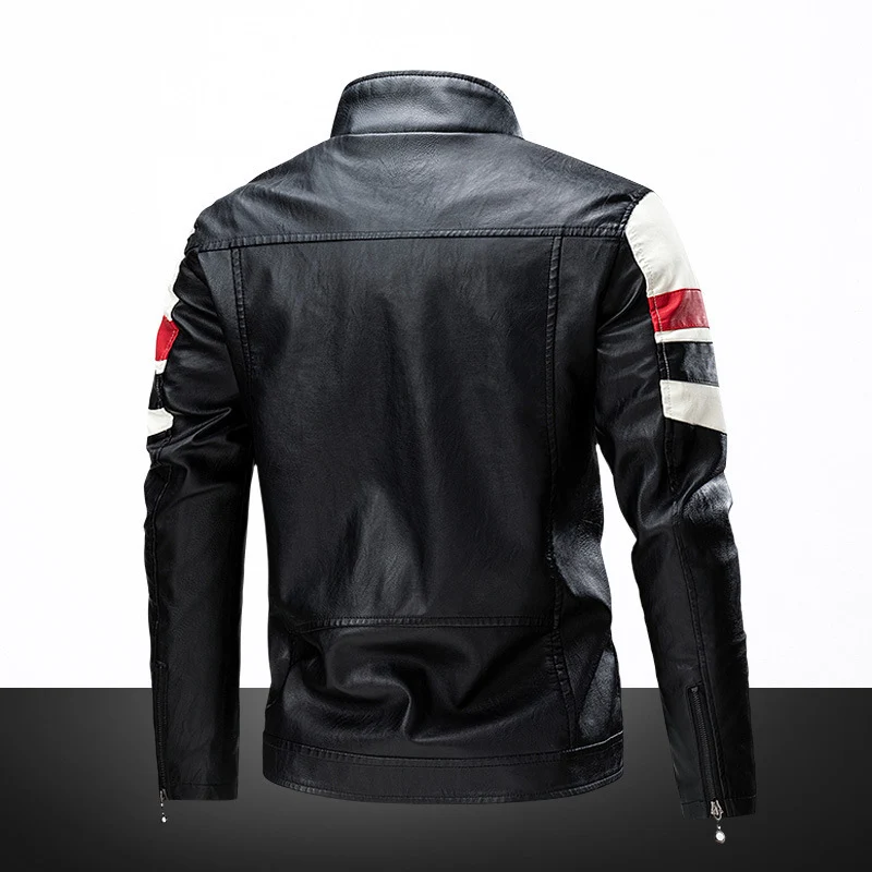 Herren Bikerjacke aus Kunstleder mit kontrastierenden Streifen und Stehkragen Nord Taschen