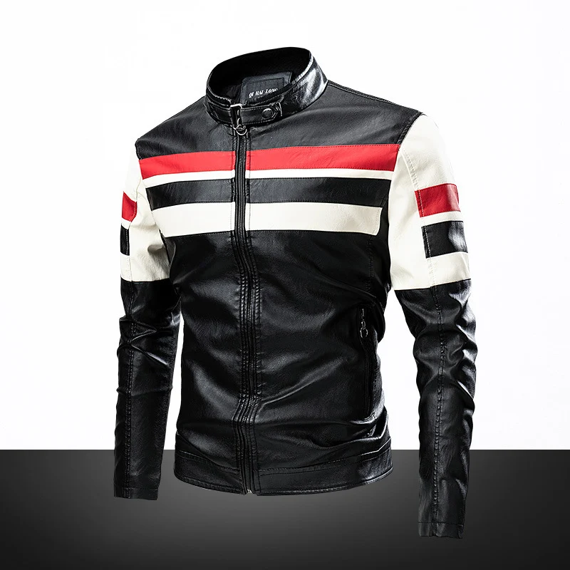 Herren Bikerjacke aus Kunstleder mit kontrastierenden Streifen und Stehkragen Nord Taschen
