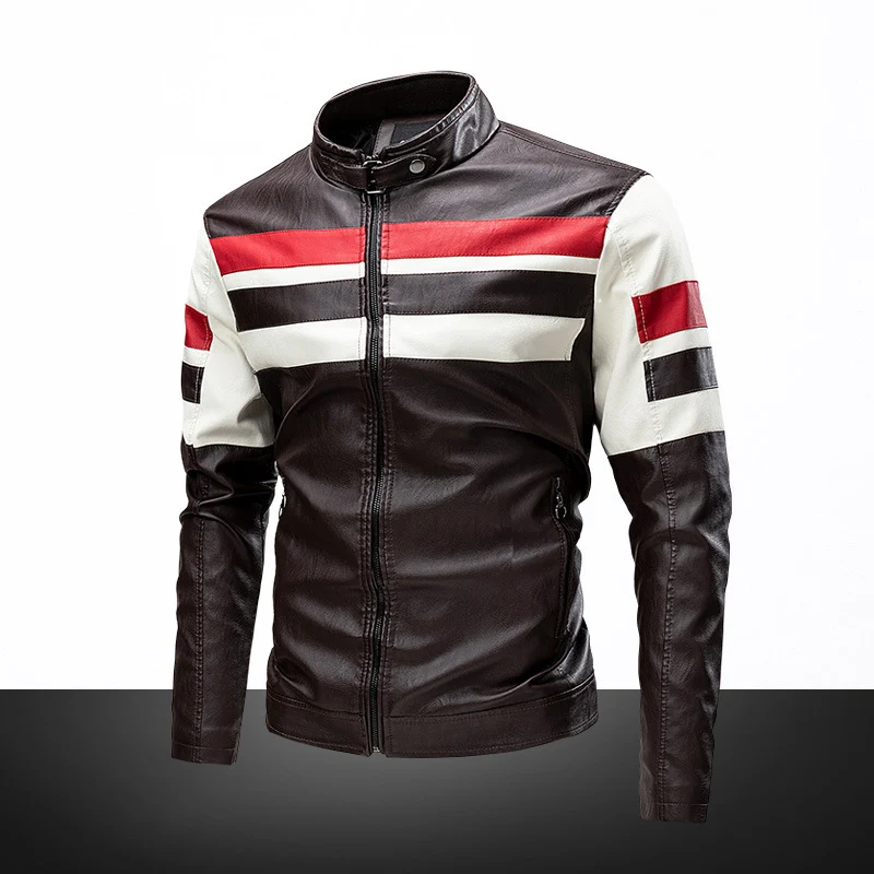 Herren Bikerjacke aus Kunstleder mit kontrastierenden Streifen und Stehkragen Nord Taschen