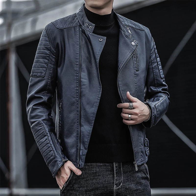 Herren Bikerjacke aus Kunstleder mit gesteppter Ärmelpasse und Stehkragen Nord Taschen