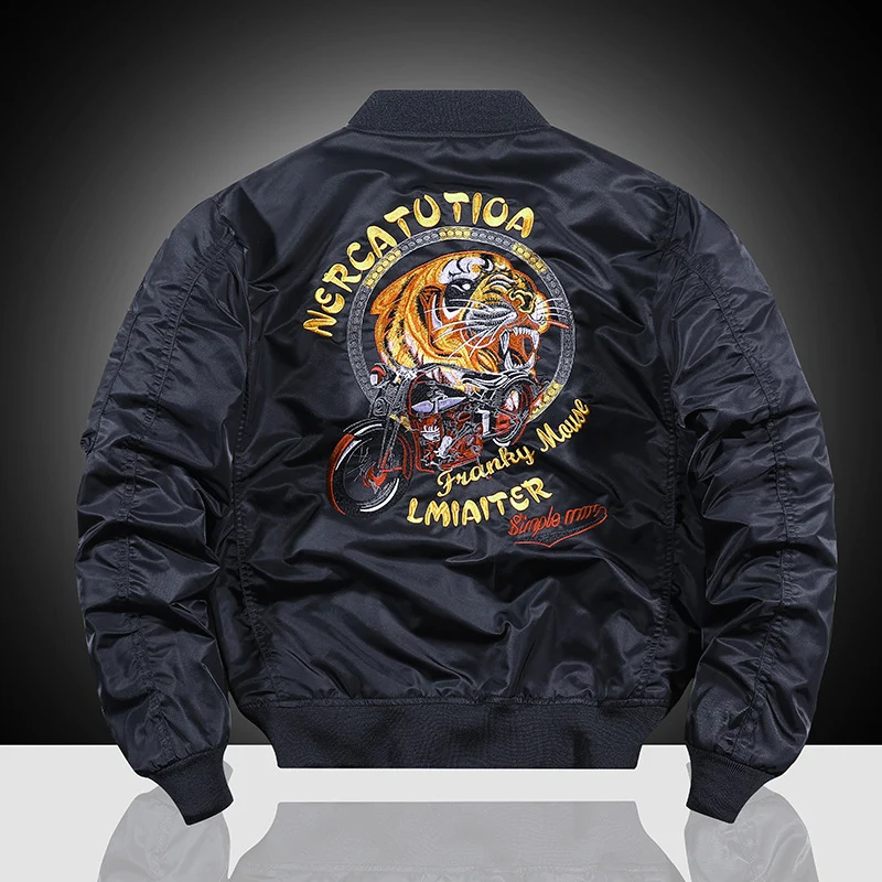 Herren bestickte Nylon-Flightjacke mit großflächigem Tiger- und Motorradmotiv Nord Taschen