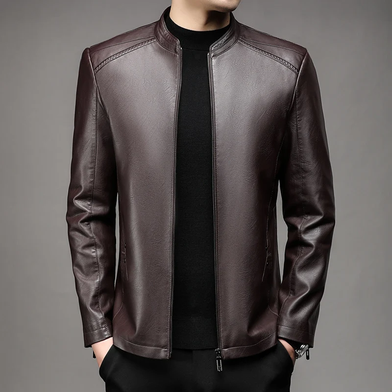 Herren Schlanke Lederjacke im Rider-Look mit Stehkragen und Zwei-Wege-Reißverschluss Nord Taschen