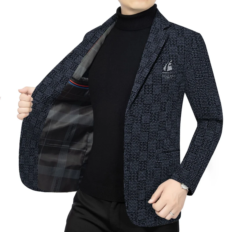 Herren Muster-Sakko im Feinstrick-Wollmix mit dezenter Logo-Stickerei Nord Taschen