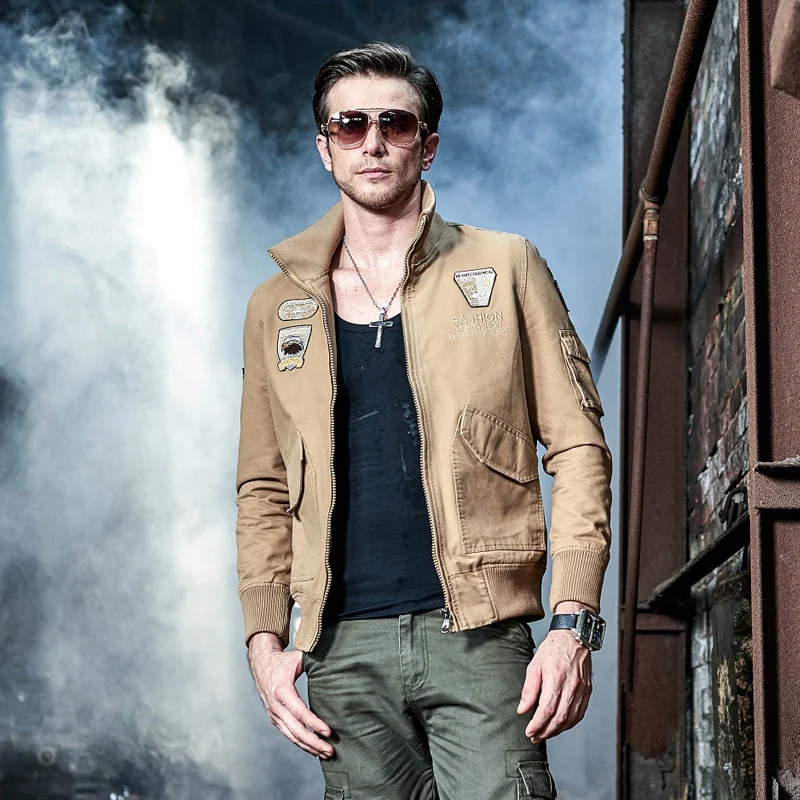 Herren Aviator-Canvasblouson mit Stickpatches, Stehkragen und Multifunktions-Pattentaschen Nord Taschen