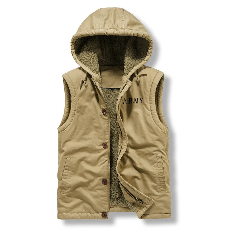 Herren Ärmellose Canvas‑Weste mit Teddyfleece‑Futter, Kapuze und Zweiwege‑Reißverschluss Nord Taschen
