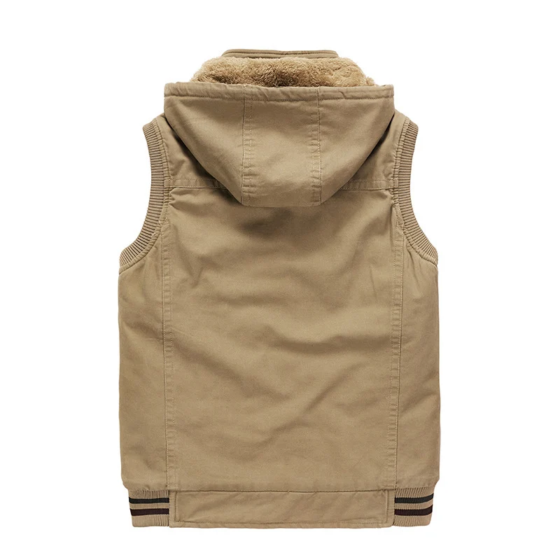 Herren Ärmellose Canvas-Weste mit Kapuze, Teddyfutter und Multifunktions-Taschen Nord Taschen