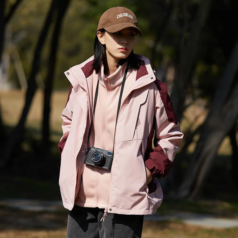 Damen zweilagige wasserabweisende Outdoorjacke mit Kapuze, Taillenregulierung und Kontrastbesätzen Nord Taschen