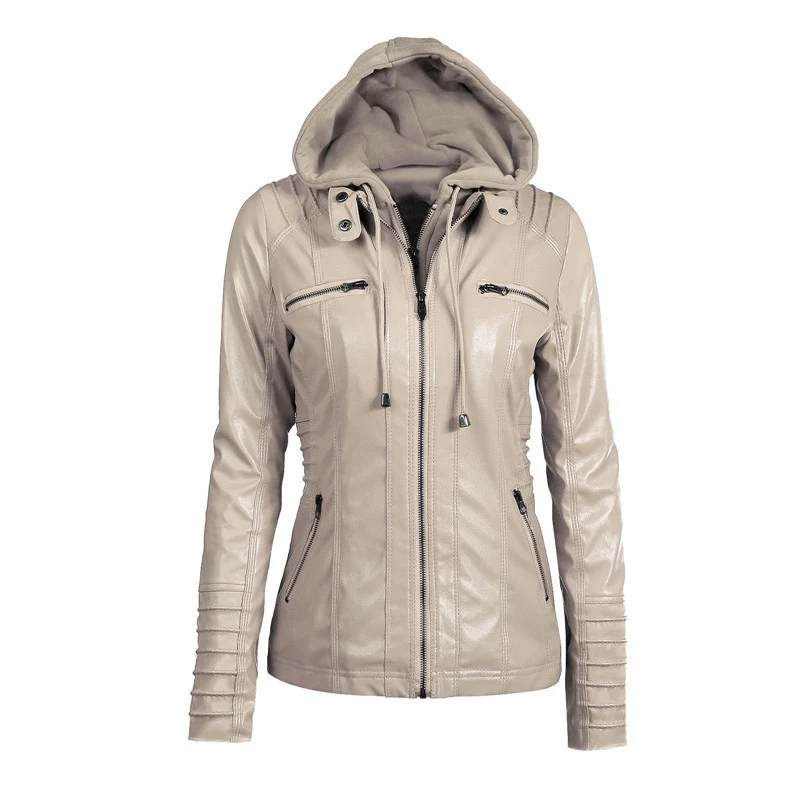 Damen Slim-Fit Kunstlederjacke mit Kapuze, Steppärmeln und Reißverschlusstaschen Nord Taschen
