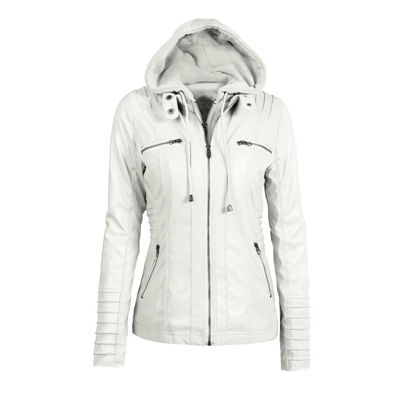 Damen Slim-Fit Kunstlederjacke mit Kapuze, Steppärmeln und Reißverschlusstaschen Nord Taschen