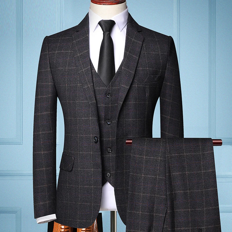 Herren Dreiteiliges Slim-Fit Anzug mit Weste und feinem Karomuster Nord Taschen