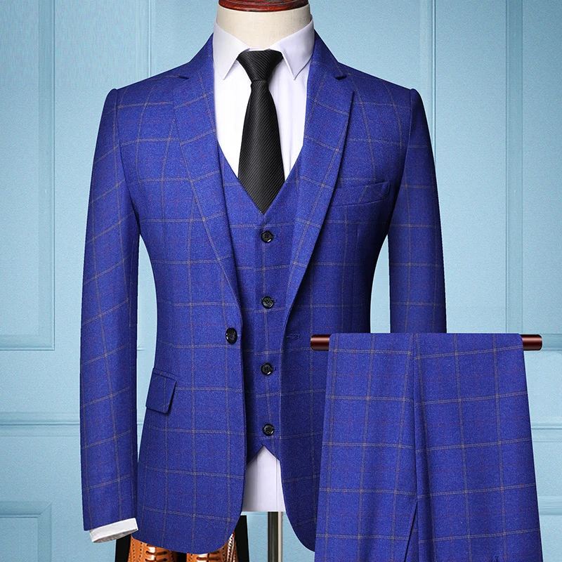 Herren Dreiteiliges Slim-Fit Anzug mit Weste und feinem Karomuster Nord Taschen