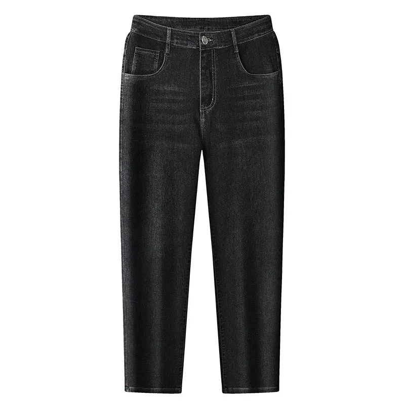 Damen Hochtaillierte Slim-Ankle-Jeans mit elastischem Bund und dezenter Used‑Waschung Nord Taschen