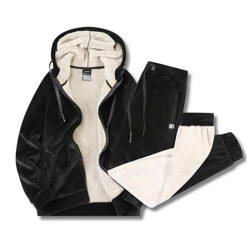 Herren Zweiteiliger Fleece-Trainingsanzug mit Kapuzenjacke, Teddyfutter und Jogginghose Nord Taschen