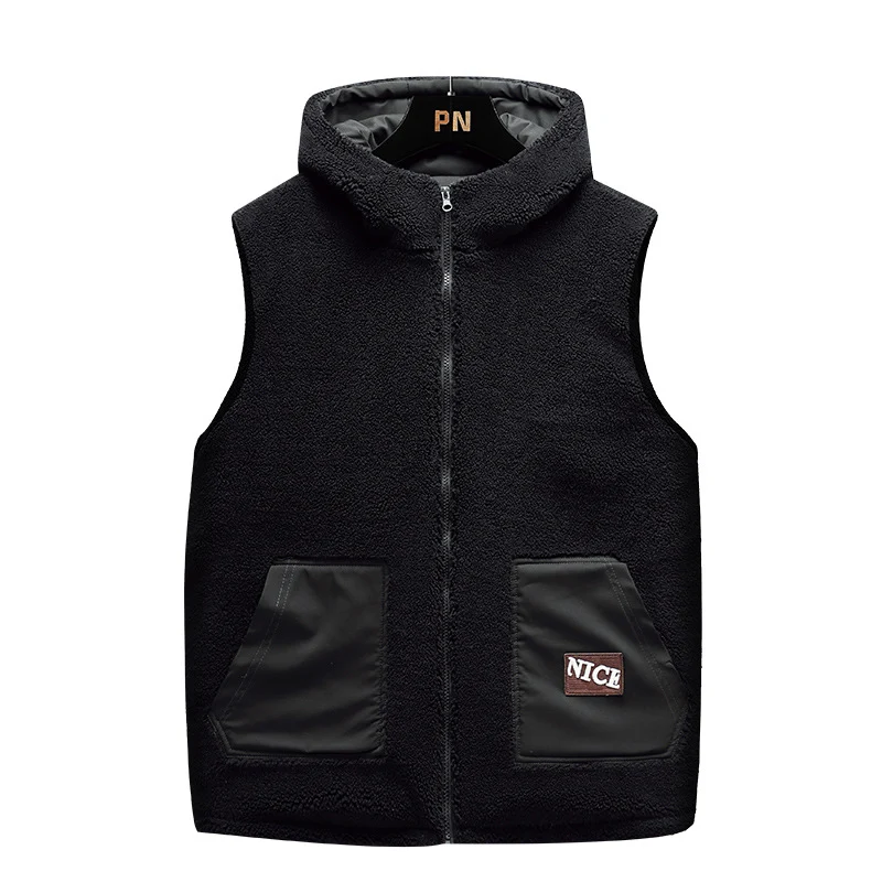 Herren Wattierte Teddy-Fleece-Weste mit Kapuze, durchgehendem Reißverschluss und Letter-Patch Nord Taschen